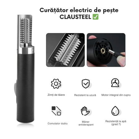Curatator Electric Solzi de Peste si Fructe de mare CLAUSTEEL, 20 000 RPM, IPX7, Acumulator incorporat 3000 mAh, Putere 125 W, Lame din Otel Inoxidabil, Negru [1]