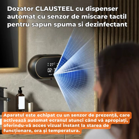 Dozator CLAUSTEEL cu Dispenser automat cu senzor de miscare tactil pentru sapun spuma si dezinfectant,500ML, Display cu afisaj LED, afiseaza temperatura, ora si nivelul de spumare, acumulator 2000mAh, [2]