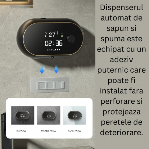 Dozator CLAUSTEEL cu Dispenser automat cu senzor de miscare tactil pentru sapun spuma si dezinfectant,500ML, Display cu afisaj LED, afiseaza temperatura, ora si nivelul de spumare, acumulator 2000mAh, [2]
