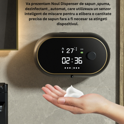 DISPENSERE DE SAPUN - Dozator CLAUSTEEL cu Dispenser automat cu senzor de miscare tactil pentru sapun spuma si dezinfectant,500ML, Display cu afisaj LED, afiseaza temperatura, ora si nivelul de spumare, acumulator 2000mAh,