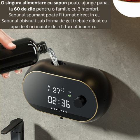 Dozator CLAUSTEEL cu Dispenser automat cu senzor de miscare tactil pentru sapun spuma si dezinfectant,500ML, Display cu afisaj LED, afiseaza temperatura, ora si nivelul de spumare, acumulator 2000mAh, [5]