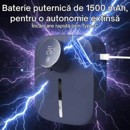 Dozator cu Dispenser automat x101 cu senzor de miscare tactil pentru sapun spuma si dezinfectant, Display cu afisaj LED, afiseaza temperatura si nivelul de spumare, Albastru [4]