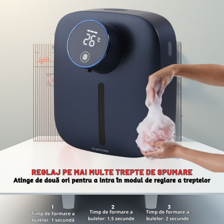 Dozator cu Dispenser automat x101 cu senzor de miscare tactil pentru sapun spuma si dezinfectant, Display cu afisaj LED, afiseaza temperatura si nivelul de spumare, Albastru [3]
