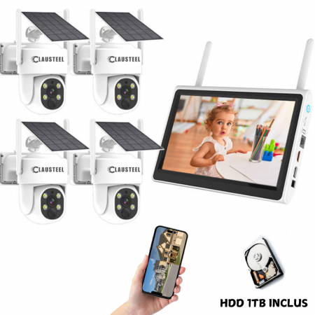 CAMERE DE SUPRAVEGHERE - Kit complet cu 4 camere de supraveghere CLAUSTEEL DQ02 cu panou solar, WIFI, 4MPX, acumulator 9000mAh, NVR cu display 10.1 inch, control din aplicatie, senzor de miscare integrat, Night Vision Color,