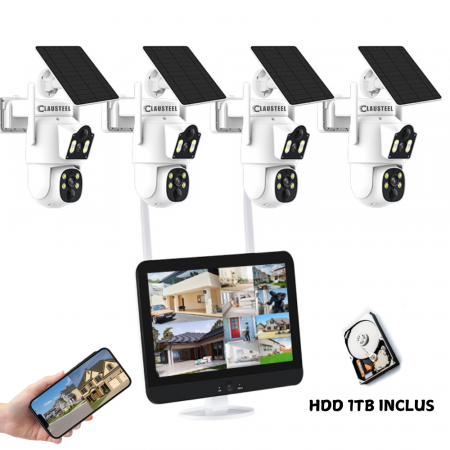 CAMERE DE SUPRAVEGHERE - Kit complet cu 4 camere de supraveghere CLAUSTEEL SQ01 cu vedere dubla si panou solar, WIFI, 6MPX, acumulator 7500mAh, NVR cu display 12.5 inch, control din aplicatie, 2 senzori de miscare, Night Visi