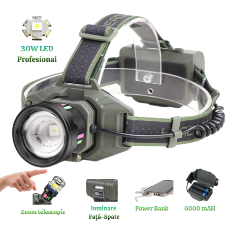 Lanterna de cap 2in1 LED 30W Profesionala din aluminiu , Zoom telescopic pe distanta de 1000 M, 4 moduri de utilizare , Acumulatori 6000 mAh , Functie de powerbank pentru incarcarea telefonului , Ajus