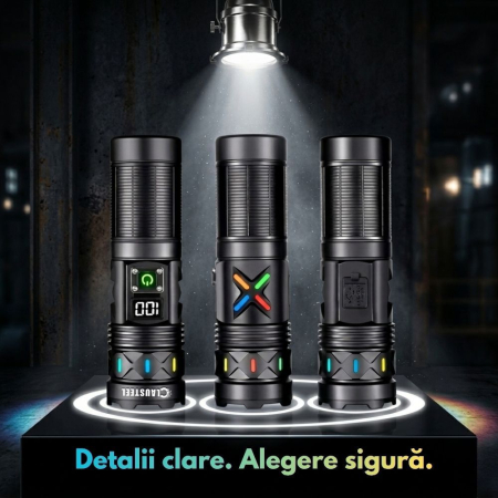 Lanterna de mana profesionala CLAUSTEEL, LED 40W, zoom telescopic 1.5 km, 3 moduri de iluminare, acumulator 6000 mAh, power bank, afisaj digital al bateriei, ideala pentru pescuit, vanatoare, camping, [7]