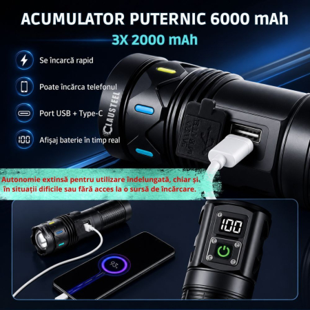 Lanterna de mana profesionala CLAUSTEEL, LED 40W, zoom telescopic 1.5 km, 3 moduri de iluminare, acumulator 6000 mAh, power bank, afisaj digital al bateriei, ideala pentru pescuit, vanatoare, camping, [2]