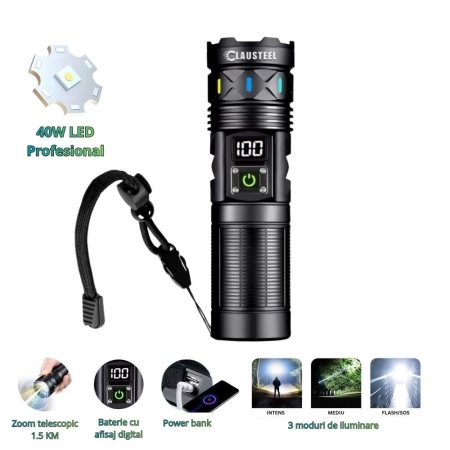 TIMP LIBER - Lanterna de mana profesionala CLAUSTEEL, LED 40W, zoom telescopic 1.5 km, 3 moduri de iluminare, acumulator 6000 mAh, power bank, afisaj digital al bateriei, ideala pentru pescuit, vanatoare, camping,