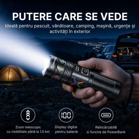 Lanterna de mana profesionala CLAUSTEEL, LED 40W, zoom telescopic 1.5 km, 3 moduri de iluminare, acumulator 6000 mAh, power bank, afisaj digital al bateriei, ideala pentru pescuit, vanatoare, camping, [8]