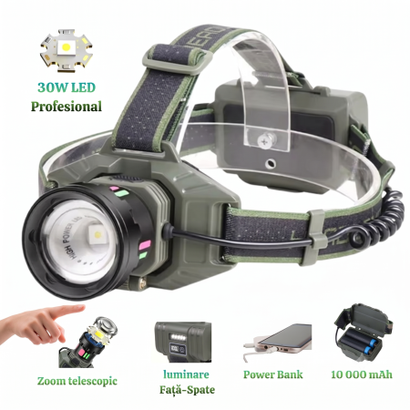 Lanterna frontala LED 30W CLAUSTEEL 2in1, zoom telescopic 1000 m, 4 moduri, acumulator 10000 mAh, powerbank, reglaj 180°, afisaj baterie, IPX4, pescuit, vanatoare, drumetii, camping