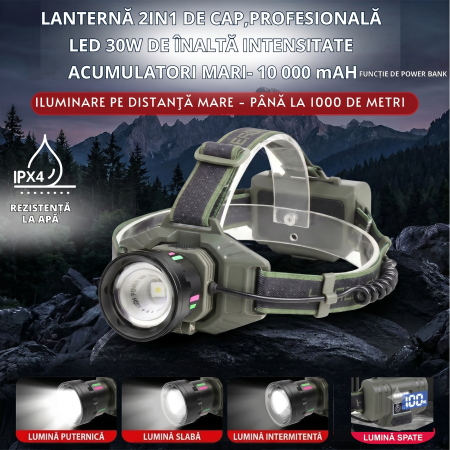Lanterna frontala LED 30W CLAUSTEEL 2in1, zoom telescopic 1000 m, 4 moduri, acumulator 10000 mAh, powerbank, reglaj 180°, afisaj baterie, IPX4, pescuit, vanatoare, drumetii, camping [1]
