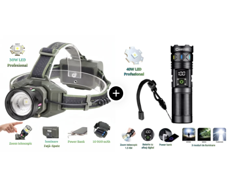 TIMP LIBER - PACHET PROMO Lanterna de cap ZOOM 1 KM + Lanterna de mana ZOOM 1,5 KM