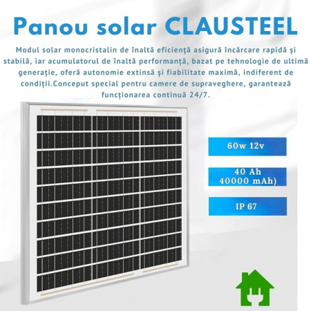 Panou solar CLAUSTEEL pentru camere de supraveghere, 60W, 12V, acumulator inclus 40 Ah, monocristalin, IP67, incarcare si stocare energie, autonomie până la 20h cu doar 1h de încărcare [3]
