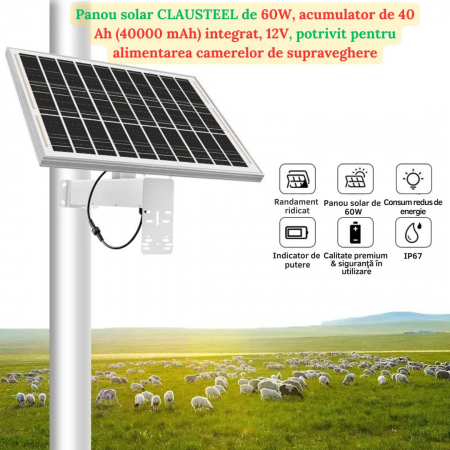 Panou solar CLAUSTEEL pentru camere de supraveghere, 60W, 12V, acumulator inclus 40 Ah, monocristalin, IP67, incarcare si stocare energie, autonomie până la 20h cu doar 1h de încărcare [2]