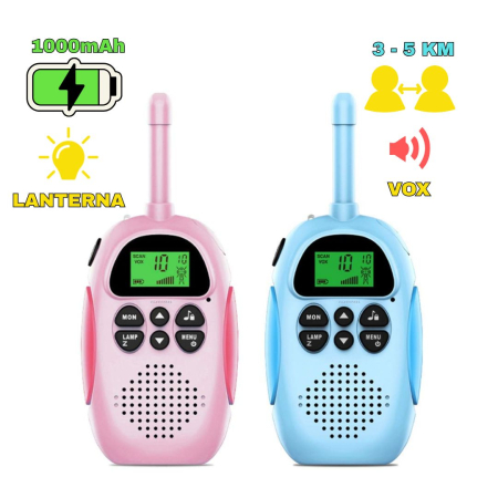 TIMP LIBER - Set 2 statii Walkie Talkie CLAUSTEEL, Acumulator 1000mAh, Incarcare USB, Antena si Lanterna, Raza de Actiune 3-5 km, Functia VOX, 22 de canale, Afisaj LCD, Plastic, Ideal pentru copii cu varsta +3 ani