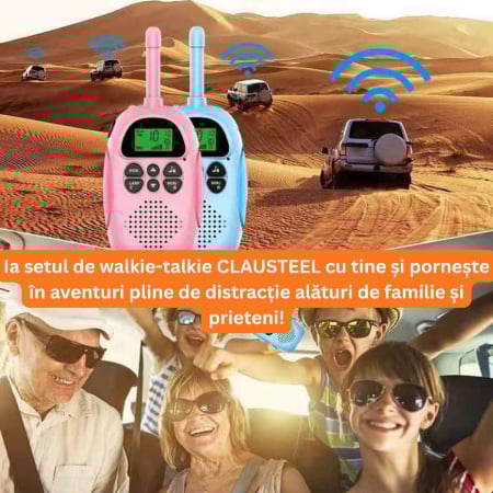 Set 2 statii Walkie Talkie CLAUSTEEL, Acumulator 1000mAh, Incarcare USB, Antena si Lanterna, Raza de Actiune 3-5 km, Functia VOX, 22 de canale, Afisaj LCD, Plastic, Ideal pentru copii cu varsta +3 ani [6]