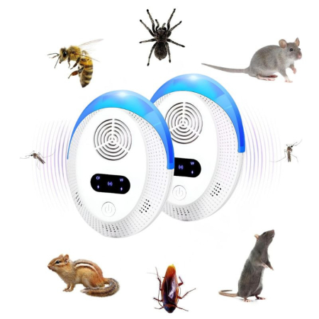 INSECTICIDE SI CAPCANE - Set cu 2 Aparate profesionale cu ultrasunete CLAUSTEEL, anti rozatoare, anti sobolani, anti insecte, frecventa 20kHz-65kHz, afisaj digital, acoperire 360°, raza 220 MP, Alb