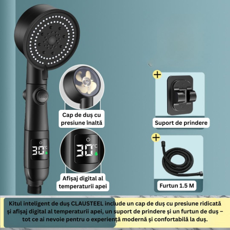 Set de Dus inteligent cu afisaj digital al temperaturii, Cap de dus de inalta presiune cu Suport si Furtun incluse si 5 moduri de functionare, negru [7]