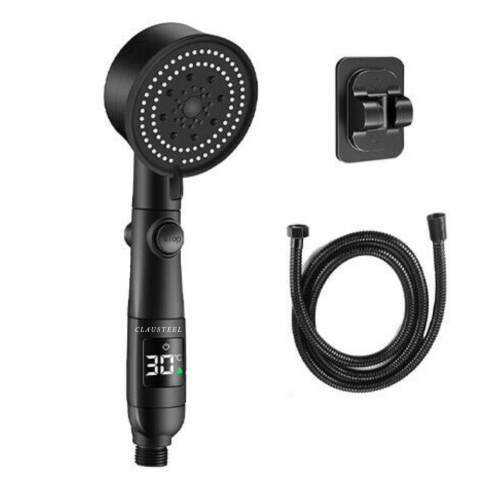 KIT DE DUS - Set de Dus inteligent cu afisaj digital al temperaturii, Cap de dus de inalta presiune cu Suport si Furtun incluse si 5 moduri de functionare, negru