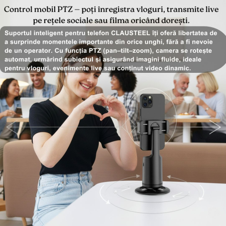 Suport inteligent de telefon, rotativ 360°, profesional, cu urmarire automata a fetei si telecomanda bluetooth, ideal pentru Vlog, Tik Tok, Streaming, Negru [2]