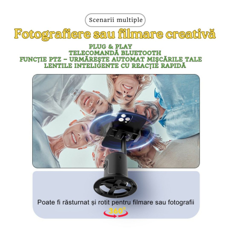 Suport inteligent de telefon, rotativ 360°, profesional, cu urmarire automata a fetei si telecomanda bluetooth, ideal pentru Vlog, Tik Tok, Streaming, Negru [1]