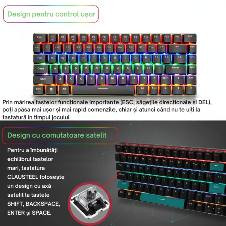 Tastatura Mecanica Wireless 2.4Ghz CLAUSTEEL, 68 Taste, Bluetooth, 15M Range, Cablu, RGB, Functie Hot-Swap, Compatibila Mac/Windows/IOS/Android, Incarcare USB, Acumulator 3000 mAh, Neagra [5]