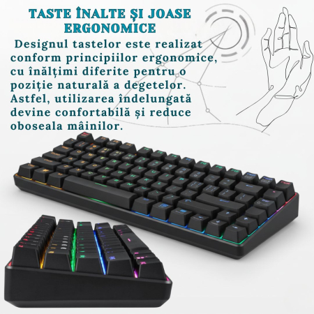 Tastatura Mecanica Wireless 2.4Ghz CLAUSTEEL, 68 Taste, Bluetooth, 15M Range, Cablu, RGB, Functie Hot-Swap, Compatibila Mac/Windows/IOS/Android, Incarcare USB, Acumulator 3000 mAh, Neagra [2]