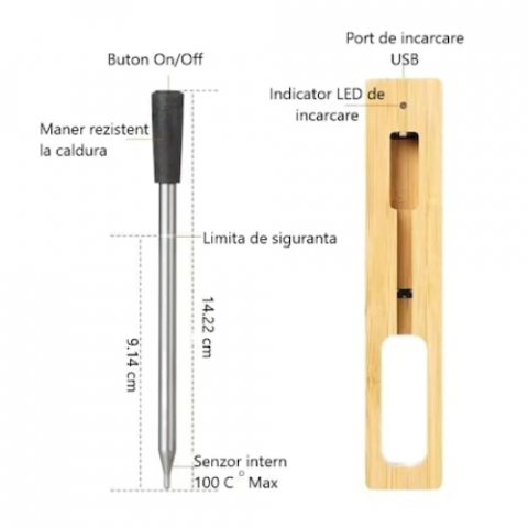 Termometru de bucatarie Profesional SMART CLAUSTEEL, Masurare a temperaturii Wireless, Bluetooth 5.2, Aplicatie compatibila IOS si Android, IP68, Rezistent la apa, Control de la distanta, Ideal pentru [9]