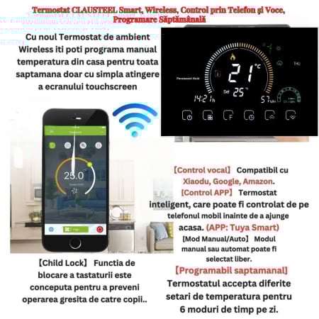 Termostat de Ambient CLAUSTEEL, Afisaj LCD color 4,8 inch, Wireless Touchscreen, Programare Saptamanala, Smart, Control de la Orice Distanta,  Afiseaza vremea si umiditate [3]
