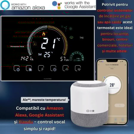 Termostat de Ambient CLAUSTEEL, Afisaj LCD color 4,8 inch, Wireless Touchscreen, Programare Saptamanala, Smart, Control de la Orice Distanta,  Afiseaza vremea si umiditate [2]