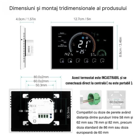 Termostat de Ambient CLAUSTEEL, Afisaj LCD color 4,8 inch, Wireless Touchscreen, Programare Saptamanala, Smart, Control de la Orice Distanta,  Afiseaza vremea si umiditate [9]