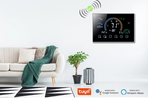 Termostat de Ambient CLAUSTEEL, Afisaj LCD color 4,8 inch, Wireless Touchscreen, Programare Saptamanala, Smart, Control de la Orice Distanta, Compatibil cu Orice Centrala, Afiseaza vremea si umiditate [1]