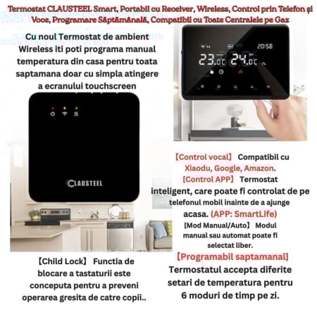 Termostat de Ambient CLAUSTEEL ME98, Wireless Touchscreen, Programare Saptamanala, Smart, Control de la Orice Distanta a Temperaturii Prin Internet/Telefon, Compatibil cu Orice Centrala, Incastrabil s [2]