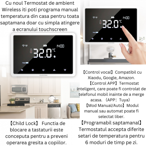 Termostat de Ambient, Wireless Touchscreen, Programare Saptamanala, Smart, Control de la Orice Distanta a Temperaturii Prin Internet/Telefon, Compatibil cu Orice Centrala pe gaz, Incastrabil sau pe Su [4]