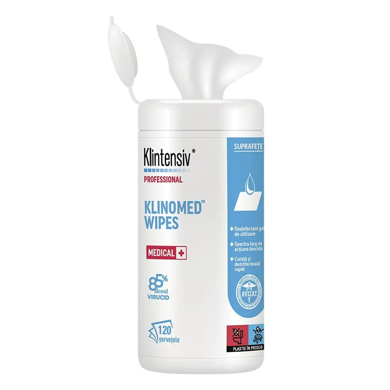 Servetele dezinfectante suprafete, 85% alcool, TUB 120 bucati, Klinomed Wipes [1]