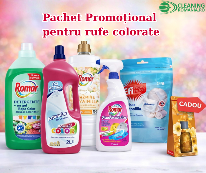 Pachet Promo pentru Rufe Colorate – Detergent 3L, Balsam 2L, Înălbitor cu oxygen activ 2L, Soluție Pete 750ML, Pliculețe Antimolii + CADOU Odorizant cu bețe ratan 75ML [1]