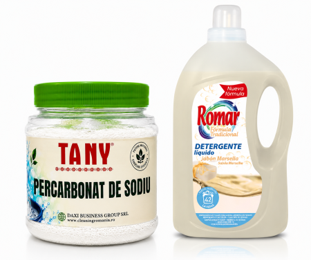 Pachet Detergent de rufe cu săpun de marsella, lichid 3 L + Percarbonat de Sodiu 750 g