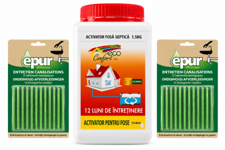 Pachet ECO CONFORT -1x Activator pentru fose septice, 54 doze, tratament 12 luni; 2x Betisoare scurgere baie si bucatarie 12x2 g