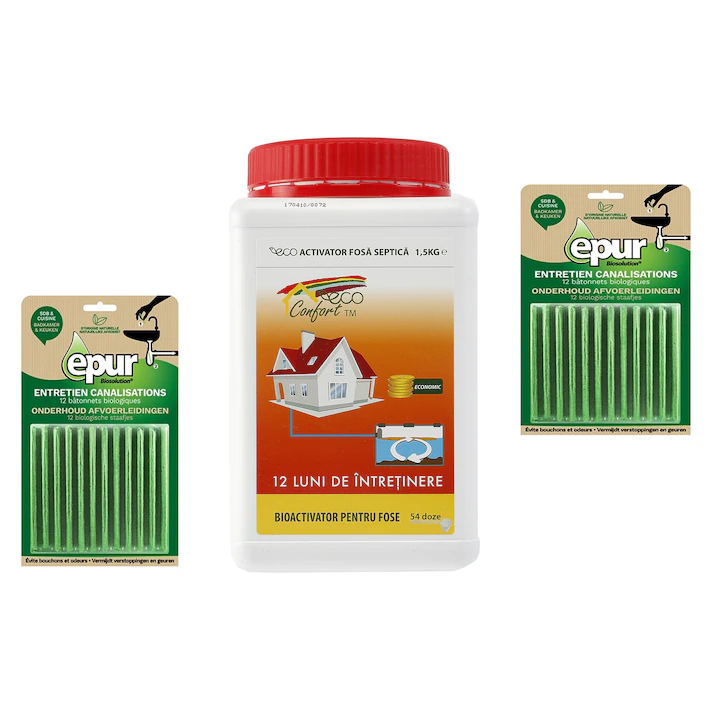 Solutii desfundat tevi - Pachet ECO CONFORT -1x Bioactivator fosa septica ECO CONFORT, 1,5kg, 2x Betisoare bio scurgere baie si bucatarie EPUR 12*2g
