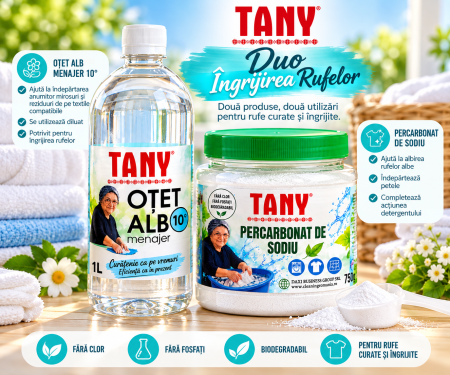 Recomandarea DAXI - Pachet TANY Duo pentru Îngrijirea Rufelor – Percarbonat de Sodiu 750 g + Oțet Menajer 10° 1 L