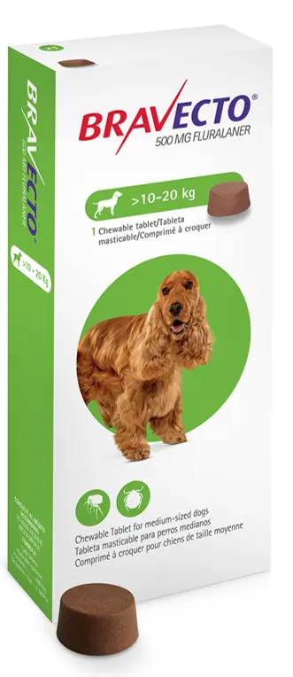Antiparazitare interne și externe - Bravecto Tablete Masticabile pentru Câini (10-20 kg) - 500 mg