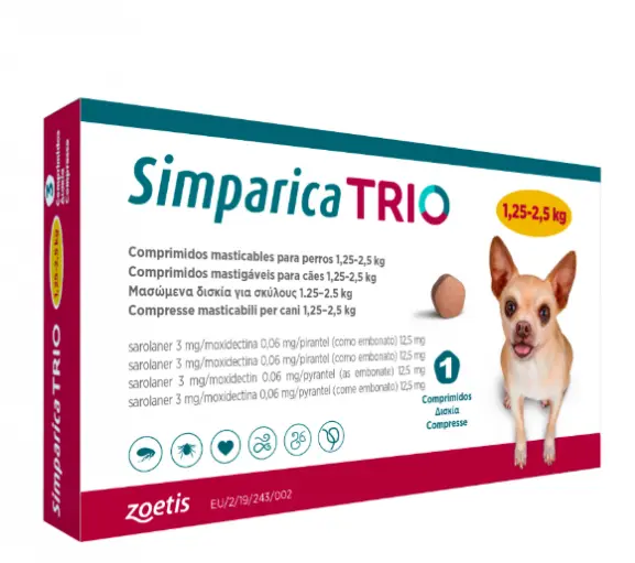 Antiparazitare interne - Simparica Trio Antiparazitar pentru Câini (1.25-2.5 kg) - 3 mg