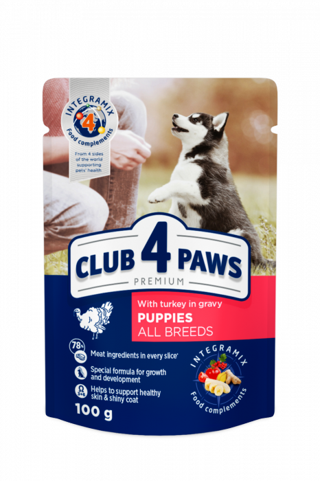 CLUB 4 PAWS Plic hrana umeda catei juniori, Curcan in sos, Set 24x100g [1]