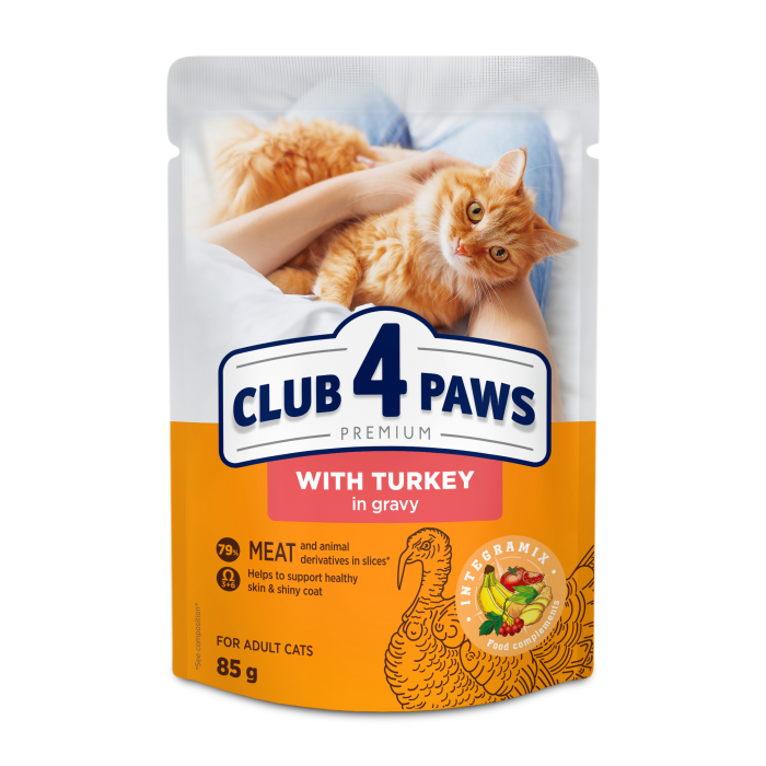 CLUB4PAWS Plic hrana umeda pisici adulte, Curcan in sos, Set 24x85g [1]