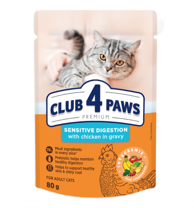CLUB 4 PAWS Plic hrana umeda pisici adulte, Digestie sensibila, Pui in sos, Set 24x80g [1]