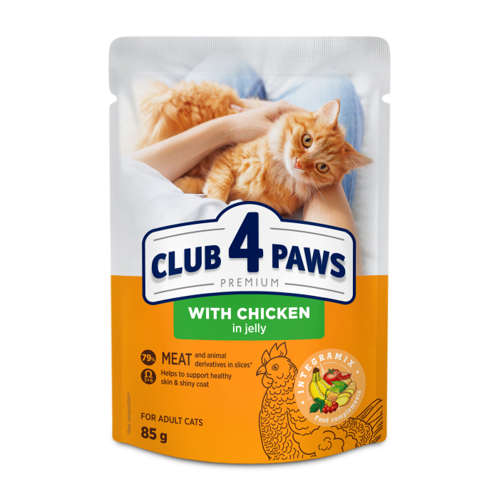 CLUB4PAWS Plic hrana umeda pisici adulte Gaina in jeleu. Set 24x85g [1]
