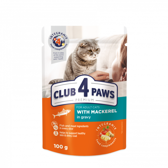CLUB 4 PAWS Plic hrana umeda pisici adulte, Macrou in sos, Set 24x100g [1]