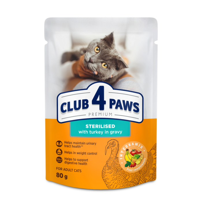 CLUB4PAWS Plic hrana umeda pisici adulte sterilizate, Curcan in sos, Set 24x80g [1]