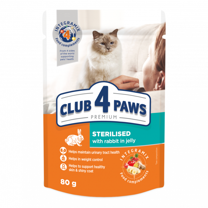 CLUB 4 PAWS Plic hrana umeda pisici adulte sterilizate, Iepure in jeleu, Set 24x80g [1]